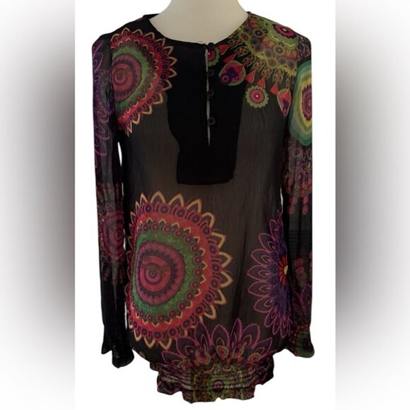 Desigual Black Vibrant Multicolor Sheer Long Sleeve Mandala Tunic Top Size Small - Picture 2 of 11